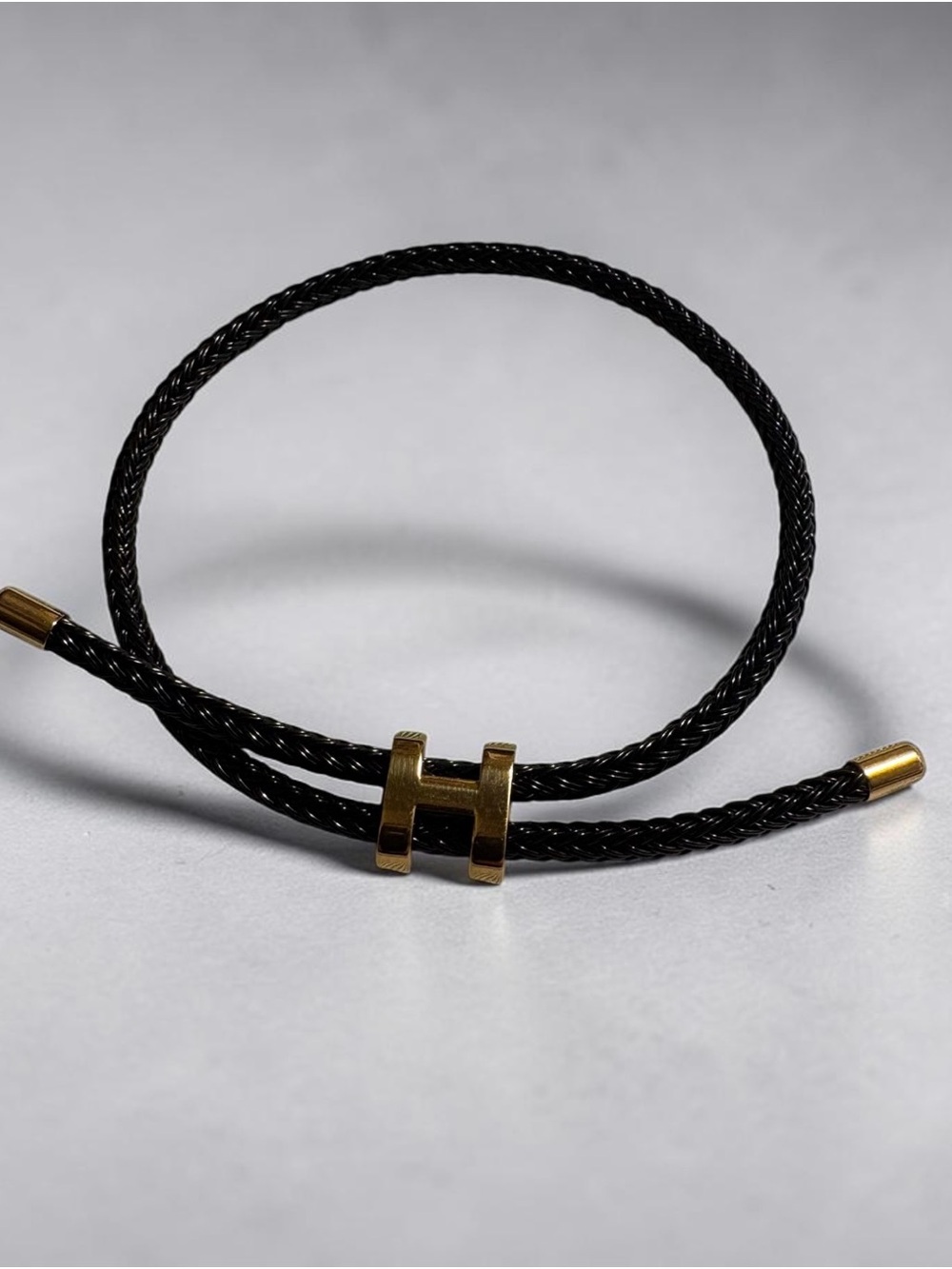 Black Braided Rope Cord Gold-Tone Stainless Steel